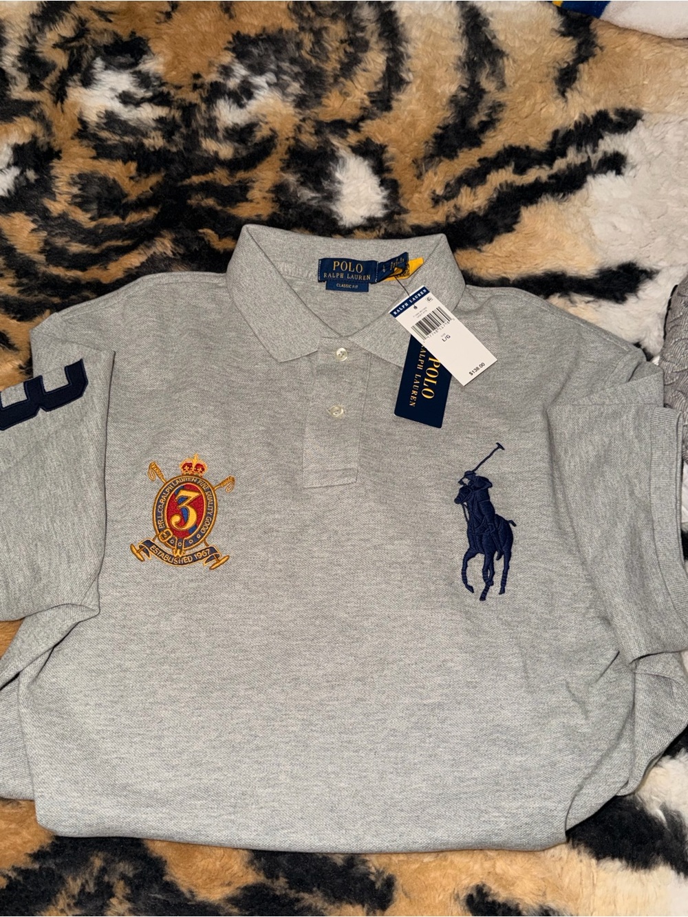 Ralph Lauren Heather Gray Polo with Navy Pony & Multicolor Crest